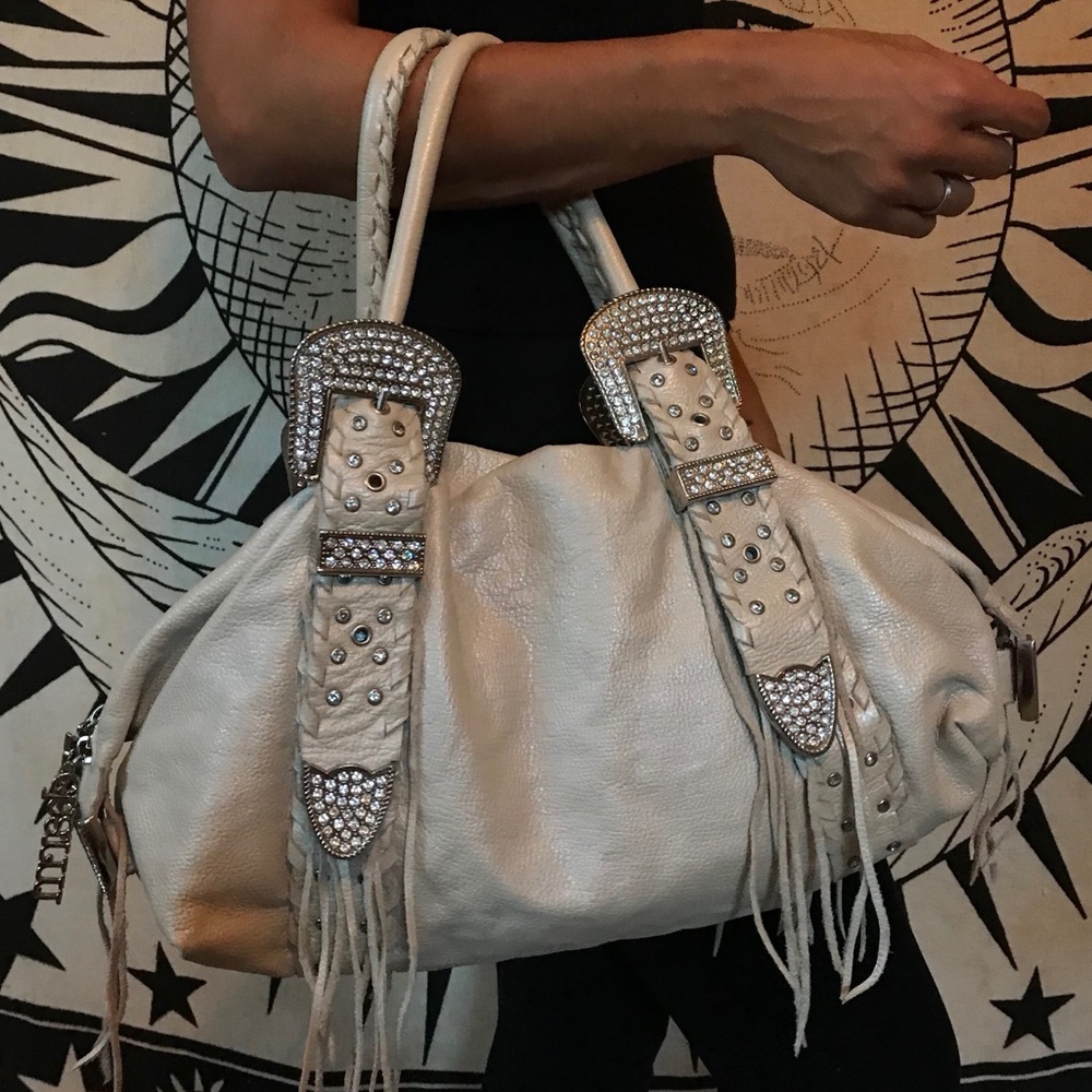 Charm & Luck Leather Beige Crystal Rhinestone Handbag